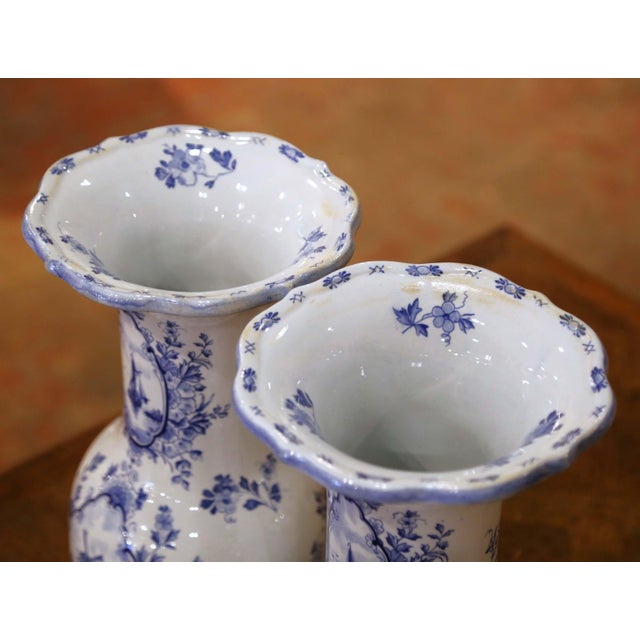 Traditional Pair of Early 20th Century Dutch Delft Faience Vases With Sailboats & Windmills For Sale - Image 3 of 11