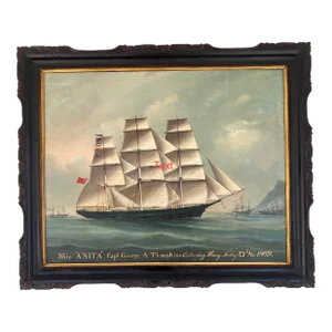 Hin Qua Attrib: Chinese Export "Anita" Ship Painting on Canvas C. 1869