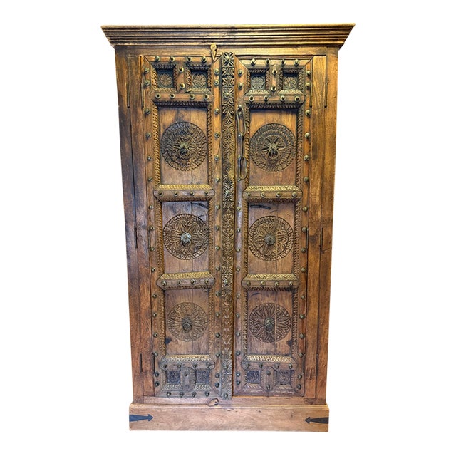 Vintage Indian Haveli Armoire With Antique Hand-Carved Mandala Doors For Sale