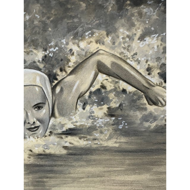 American 1940s Title: Original t.e. Schrock Signed Graphite Illustration of Female Swimmer, 8.5" X 10". For Sale - Image 3 of 6