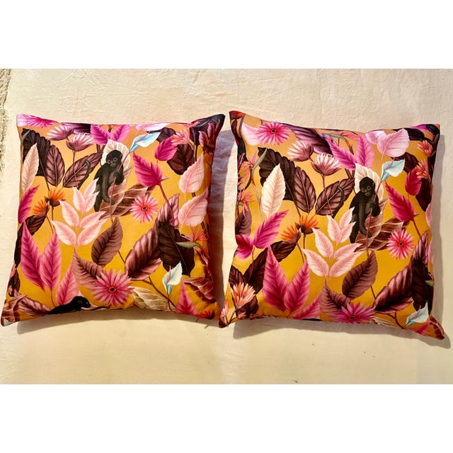 A pair of Pink, Orange and black cotton pillows -front with hot pink velvet on back Zipper. Knife cut Brand New
