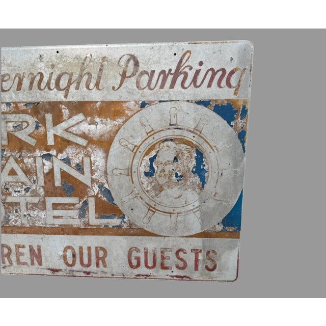 American Vintage Mark Twain Hotel Painted Metal Billboard Advertising Sign For Sale - Image 3 of 5