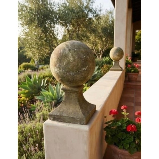 Pair of Vintage Neoclassical Cast Stone Sphere Garden Finials on Pedestal Bases For Sale - Image 9 of 12