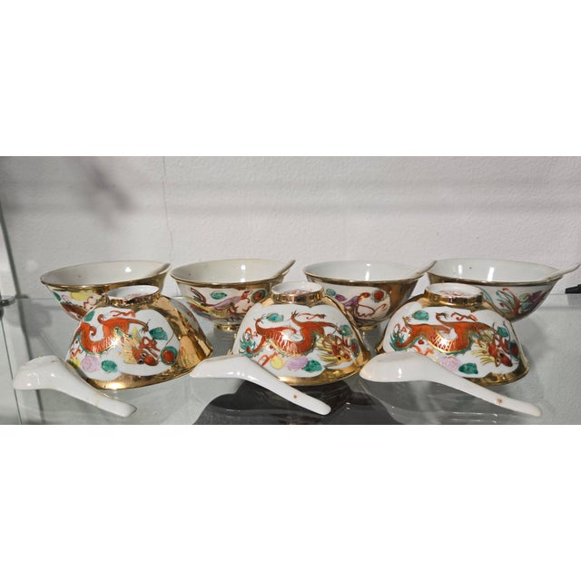 Brick Red Jingdezhen Gold Gilt Dragon Phoenix Porcelain Set (14-Piece) – Mid-20th Century China For Sale - Image 8 of 13