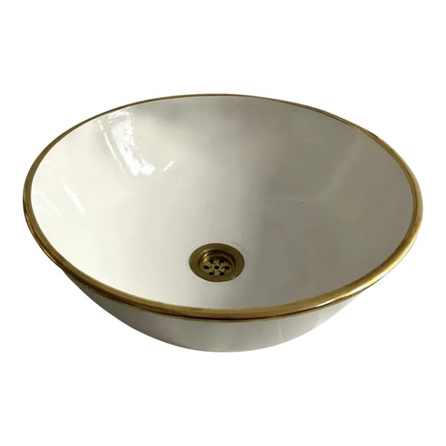 Milk White Ceramic Sink With 14k Gold Rim Vessel Round Sink Bowl Basin With Drain For Sale
