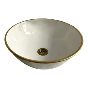 Milk White Ceramic Sink With 14k Gold Rim Vessel Round Sink Bowl Basin With Drain