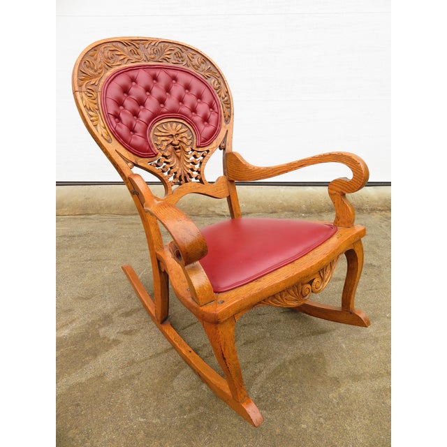 Red Antique Carved Oak Green Man Rocking Chair in Red Tufted Leather ~ Northwind Face For Sale - Image 8 of 17