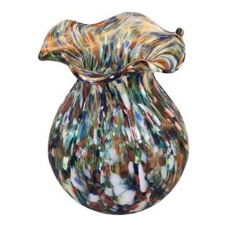 Vintage Italian Art Glass End of the Day Multicolored Confetti Ruffled Rim Vase For Sale
