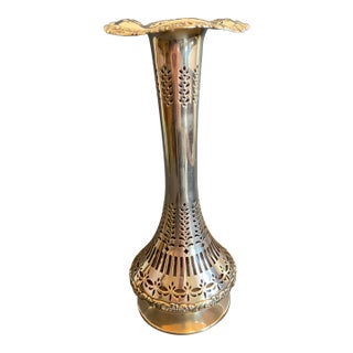 Antique Howard & Co. New York Sterling Silver Pierced Floral Vase With Original Red Glass Liner For Sale