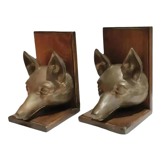 Pair of 1970s Sarreid Ltd. Fox Head Bookends For Sale