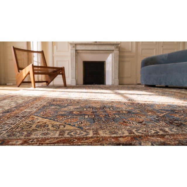 Classic Sky Blue Background With Ivory Border Geometric Floral Desing Century Persian Malayer Rug For Sale - Image 10 of 10