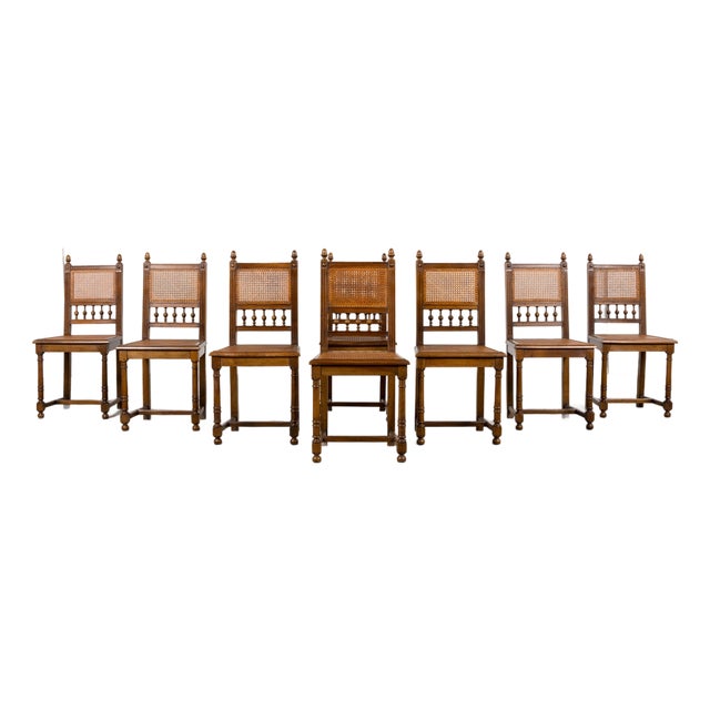 Antique French Henri II Style Walnut Caned Dining Chairs, Set of 8 For Sale