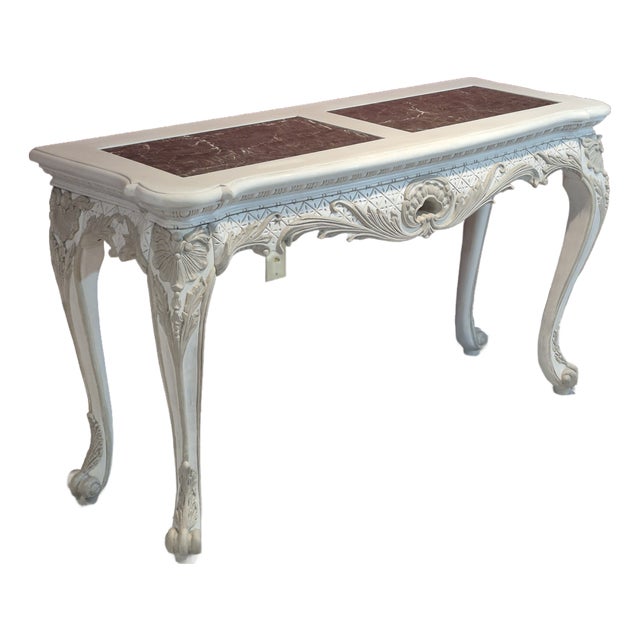 Late 20th Century Louis XV Style Painted Carved Wood Marble Inset Console Table For Sale