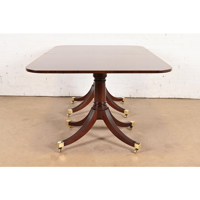 Baker Furniture Style Georgian Banded Mahogany Double Pedestal Extension Dining Table, Newly Refinished For Sale - Image 13 of 14