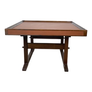 Vintage Studio-Made Square End Table With Cognac Leather Inset Top & Architectural Trestle Base, Mid-Century For Sale