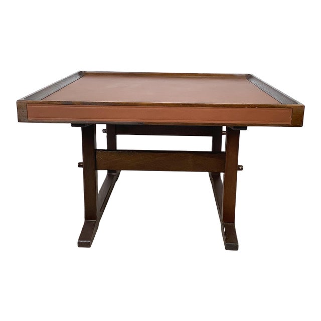 Vintage Studio-Made Square End Table With Cognac Leather Inset Top & Architectural Trestle Base, Mid-Century For Sale