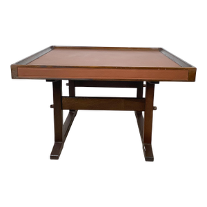 Vintage Studio-Made Square End Table With Cognac Leather Inset Top & Architectural Trestle Base, Mid-Century