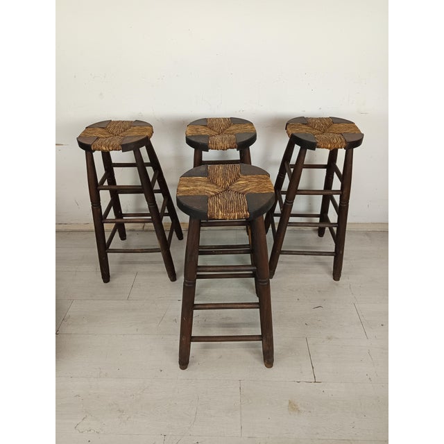 Brutalist Stools in Wood and Straw, 1950s, Set of 4, in Good conditions. Designed 1950 to 1959