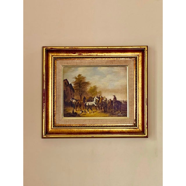 Equestrian genre horse fair oil painting on canvas set in a deep, gilt wood frame, signed Rudz. A dynamic scene filled...