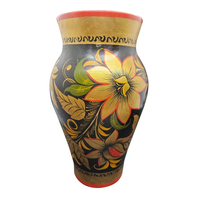 Vintage Ussr Russian Folk Art Wood Floral Design Vase For Sale