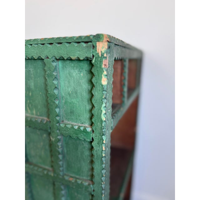 Wood Antique Tramp Art Green Painted Pyramid Carved Étagère Display Cabinet For Sale - Image 7 of 16