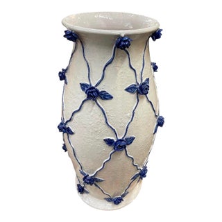 Vintage Italian Hand-Crafted Ceramic Lattice & Cobalt Blue Rose Urn Vase For Sale