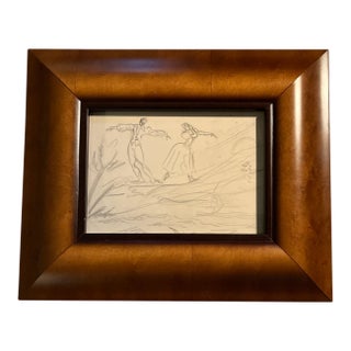 1940’s Double Figure Modernist Pencil Drawing Dancing Couple in Landscape Wide Wood Frame For Sale