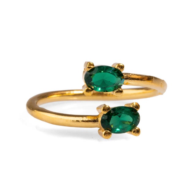 Emerald Double Emerald Stone & Gold Dainty Adjustable Ring, Size 4 For Sale - Image 8 of 9