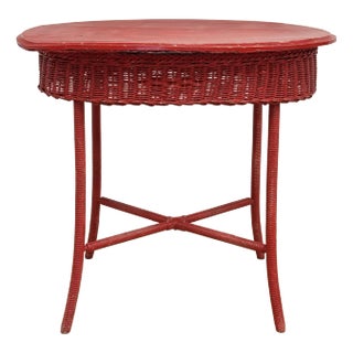 Vintage Weathered Red Wicker Accent Table For Sale