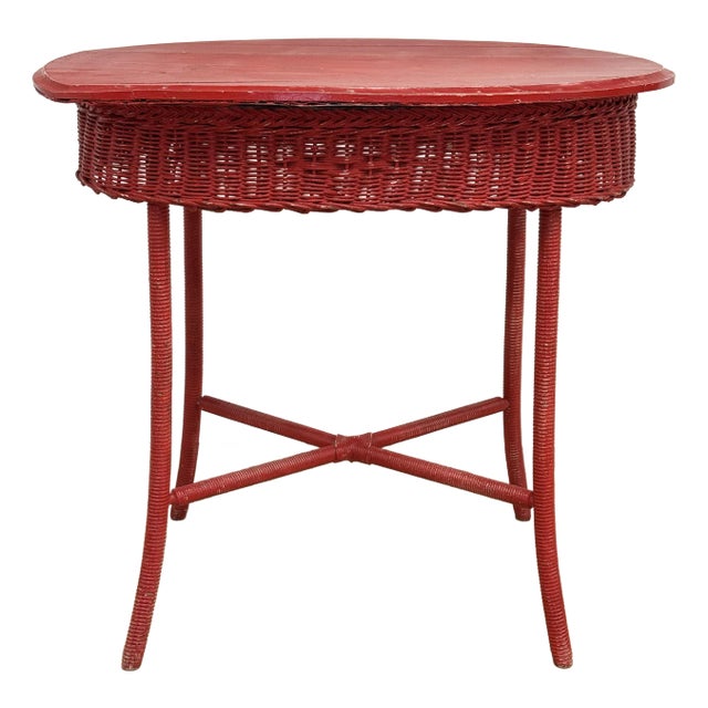 Vintage Weathered Red Wicker Table For Sale