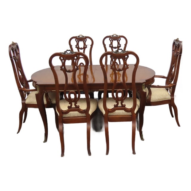 French Set of Dining Table Two Leaves and Six High Back Chairs 6664 For Sale