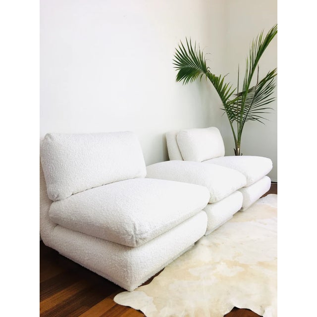Vintage 1970s Pair of Modern Slipper Chairs & Ottoman in White Faux Shearling / Boucle Upholstery by Marge Carson For Sale - Image 10 of 11