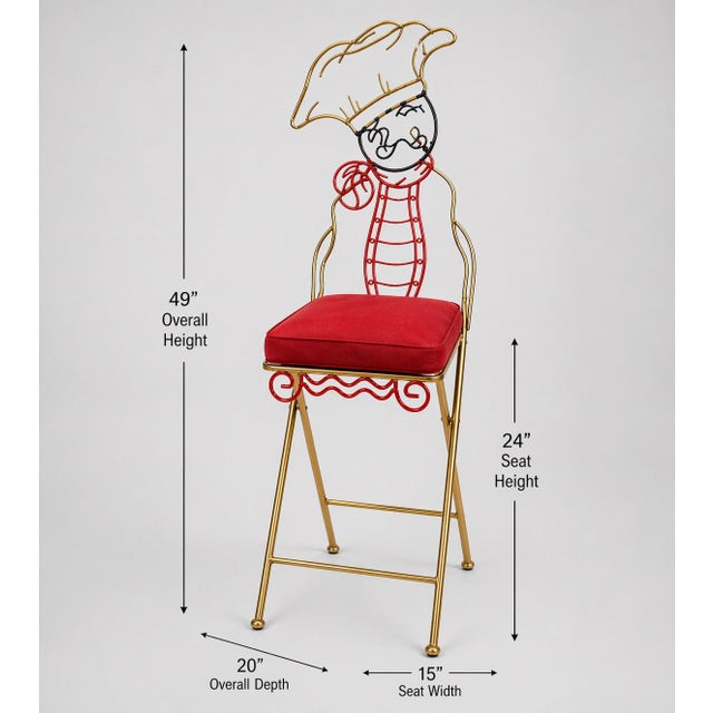 Vintage Whimsical Chef Figural Metal Counter Stools — Pair — Folding Bistro Bar Stools With Ivory Cushions (49” H) For Sale In Los Angeles - Image 6 of 6