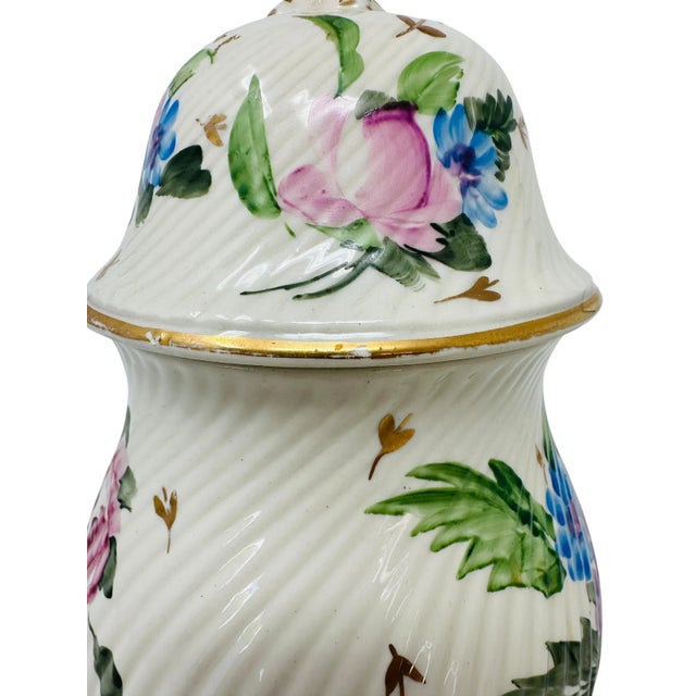 1970s Vintage Ribbed Ceramic Ginger Jar | Hand-Painted Rose & Floral Lidded Pot | Cottagecore Home Decor | Grandmillennial Style | Pink and Blue Flowers For Sale - Image 5 of 9