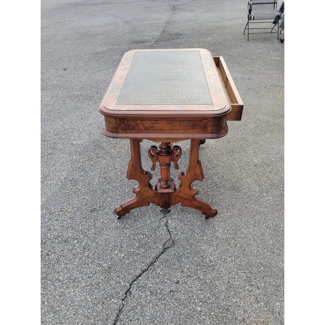 Brown 19th Century Victorian Walnut Renaissance Revival New Leather Table For Sale - Image 8 of 9