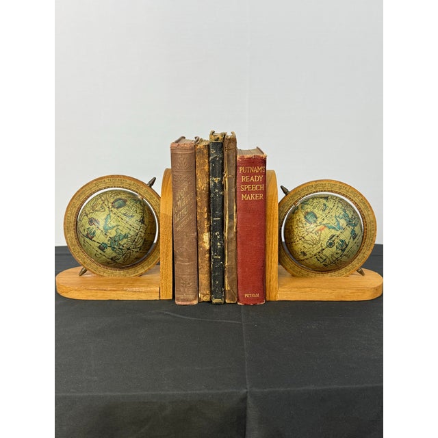 Mid-Century Modern Pair of MCM Wood Bookends. 1960s Vintage Old World Rotating Globe Map Made in Italy For Sale - Image 3 of 7