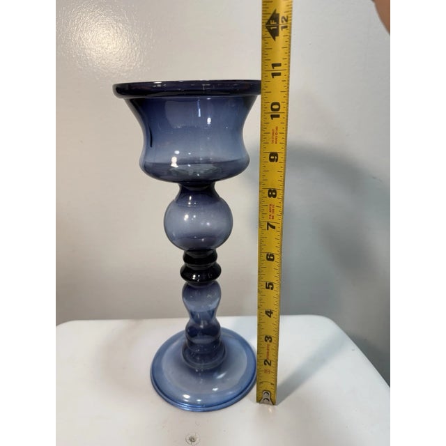Vintage Blue Glass Pedestal Candle Holder | MCM Art Glass Compote Decor For Sale - Image 11 of 13