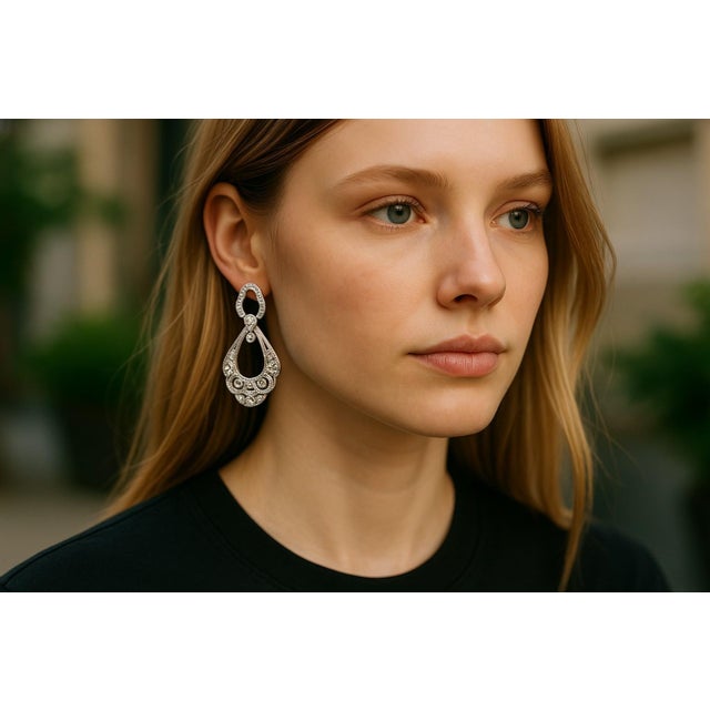 Platinum Vintage Openwork Filigree Drop Earrings With 0.50ct Diamonds, A Pair For Sale - Image 10 of 10