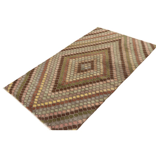 Art Deco Vintage Art Deco Rug in Beige-Brown, Pink and Blue Honeycomb Diamond Pattern For Sale - Image 3 of 7