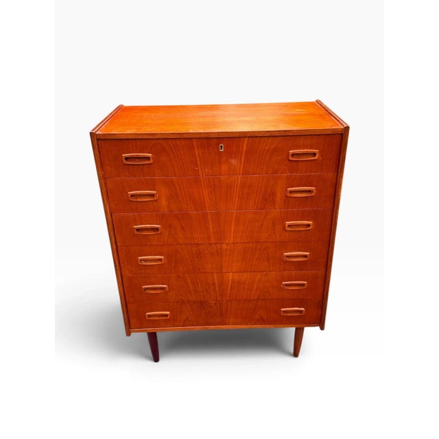 Mid-Century Danish Modern Teak Tallboy Dresser | Six Drawers With Carved Oval Pulls For Sale - Image 4 of 11