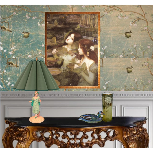 Antique Metal Boudoir Table Lamp: Lady in Mint Green Dress For Sale - Image 10 of 12