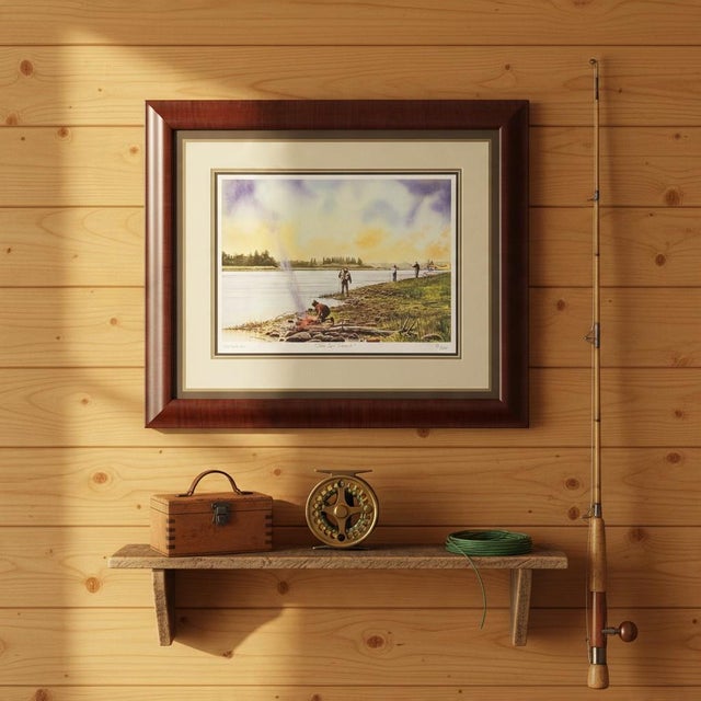 **“One for Lunch” by Bob White** is a signed, limited-edition fine art print depicting anglers along a remote riverbank,...