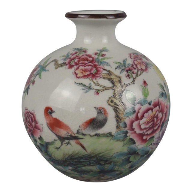 Vintage Chinese Crackle Glaze Famille Rose "Birds & Flowers" Vase - 16cm For Sale