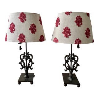 Pair of Oil Rubbed Bronze Lamps With Custom Ralph Lauren Fabric Shades For Sale