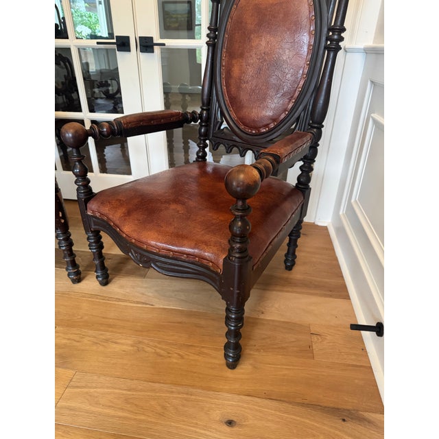 Wood Pair of Antique Victorian Gothic Revival High-Back Walnut Armchairs — C. 1870–1885 For Sale - Image 7 of 7