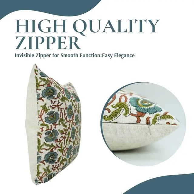 Art Deco Fabdivine Handmade Block Printed Cushion Cover 14x14 Inch Cotton Linen- Vasundhra For Sale - Image 3 of 4