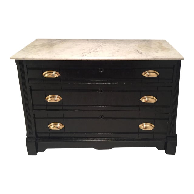 Antique Black Painted Commode With White Marble For Sale