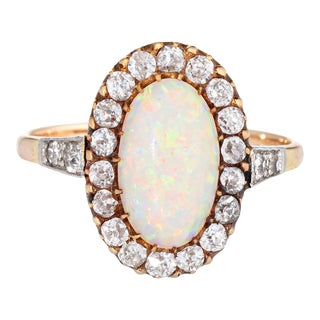 Late 19th Century Antique Victorian Opal Diamond Ring 9k Yellow Gold Oval Vintage 6.5 size 6.5 For Sale