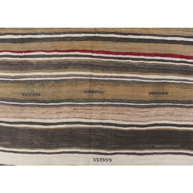 Vintage Turkish Kilim Rug With Ivory, Brown, Olive and Red Stripes For Sale - Image 9 of 11