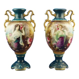 Antique English Ceramic Vases by Barbe for Royal Worcester, 1800s, Set of 2 For Sale